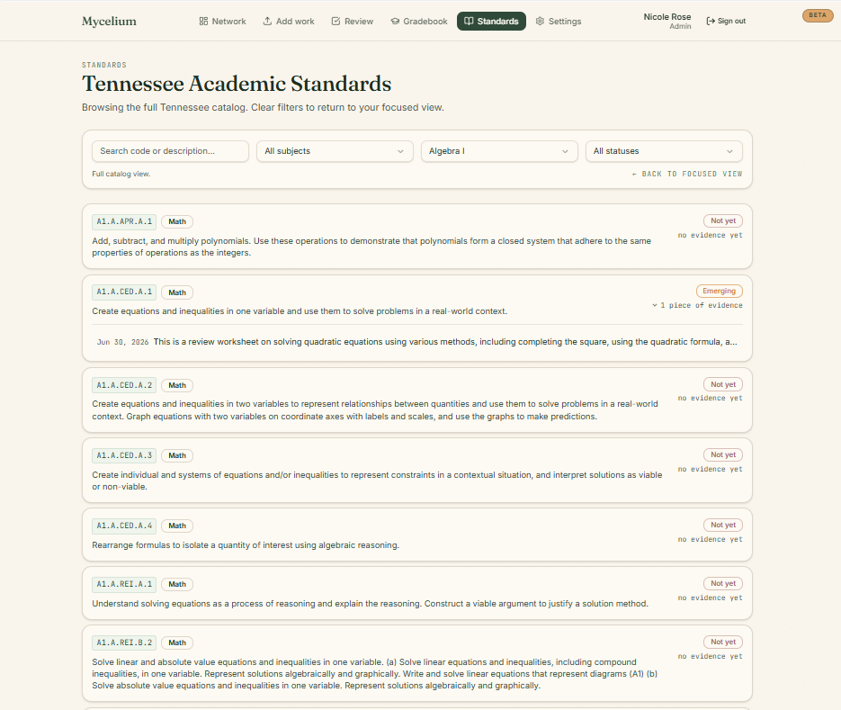 The Standards view: the Tennessee catalog with each standard's growth status and evidence.